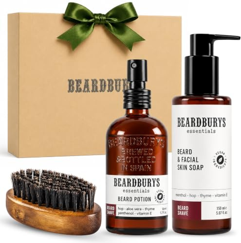 Kit Completo para Barba Hombre – Limpiador de Barba y Rostro, Crema Acondicionadora Beard Potion y Cepillo – Hidratación, Suavidad y Cuidado Diario