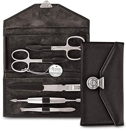 nippes Solingen Locks Maniküre Set, 5-teilig, Edelstahl nickel- & rostfrei, Echtes Rindsleder-Nageletui in Schwarz, Nagelpflege Set, Made in Germany / Solingen