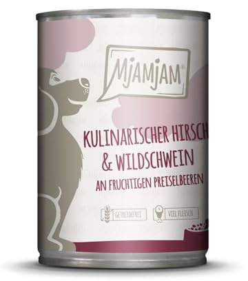 MjAMjAM - nourriture humide premium pour chiens - cerf et sanglier culinaires aux canneberges, pack de 6 (6 x 400 g), sans céréales avec de la viande supplémentaire