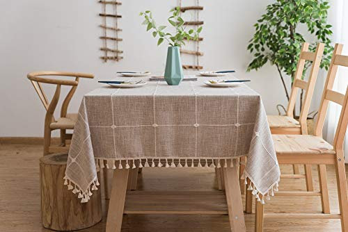 Lanqinglv Quaste Tischdecke 100x160 Beige Kariert Baumwolle und Leinen Tischtuch Rechteck Couchtisch Tischdecke Gartentischdecke Abwaschbar Küchentischabdeckung für Speisetisch (100x160,Beige)