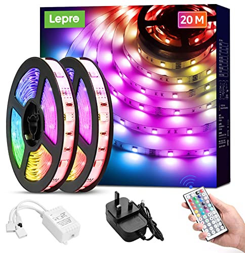 Lepro 20M LED Strip Lights with Remote, Dimmable, RGB Colour Changing, Stick-on Long LED Lights for Bedroom, Kitchen, Room Decoration (2 x 10M, Plug and Play, Bright 5050 LEDs)