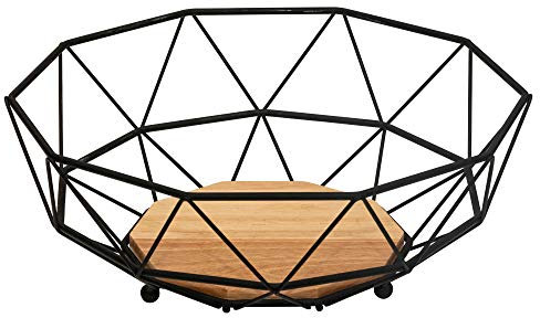 Rubberneck Obstkorb mit Holzboden aus Metall in Schwarz - Moderne Obstschale mit Holz Einsatz für Küche und Wohnzimmer