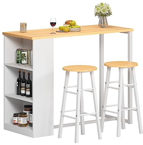 SDHYL Set de Mesa de Bar con 3 Estantes Botellero Juego de Muebles con Mesa Alta con 2 Taburetes Marco de Metal para Cocina