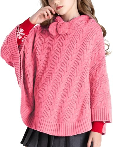 BOBOYOYO Cape for Girls Hooded Cable Knit Poncho Sweaters Kids Shawl Sweater Toddler Holiday Pullover for 3-12 Years Child Pink