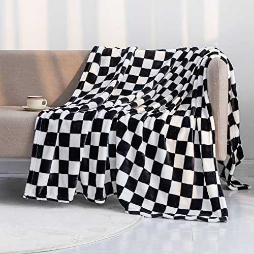 LOMAO Throw Blankets Flannel Blanket with Checkerboard Grid Pattern Soft Throw Blanket for Couch, Bed, Sofa Luxurious Warm and Cozy for All Seasons (Black, 50x60)