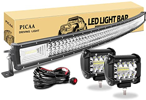 PICAA LED arbetsljusstång, 7D böjd treradig 52 tum 675 W spot-flood kombostråle lampa med 2 x 4 tum LED-poddar för båtlampor, lastbilar, offroad, SUV, UTE, 4WD, 12 V