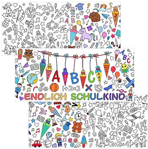 Bluelves Ausmal Tischdecke Einschulung,Papier Tischdecke Ausmalen Schulanfang Schultüte Tiere Zuckertüte Motiven,Geschenk Bemalbare Tischdecke Kinder Füllung für Jungen Mädchen
