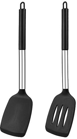 Vicloon Silicone Spatula, 2 Pcs Silicone Solid Turner, Non Stick Slotted Spatula Set, High Heat Resistant BPA Free Cooking Utensils, Black Silicone Spatula for Fish, Egg, Pancake - Silicone