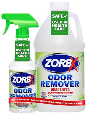 ZORBX Unscented Odor Eliminator for Strong Odor 16 Oz + 64 Oz - Used in Hospitals & Healthcare Facilities - Advanced Trusted Formula, Fast-Acting Odor Remover Spray for Dog, Cat, House & Carpet
