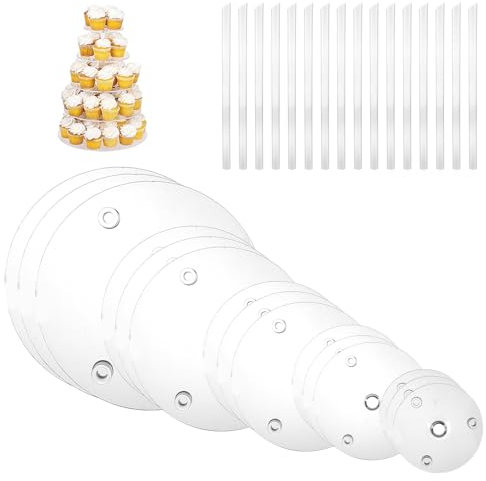 ZOFUN 15 Stück Tortenplatte Set Tortenständer, Wiederverwendbar Tortenständer,Tortenstützen (9/12/16/20/20 cm) mit 45 Kunststoff Dübelstangen, Kuchenbasis Cake Board zur Hochzeit Gebursttag Party