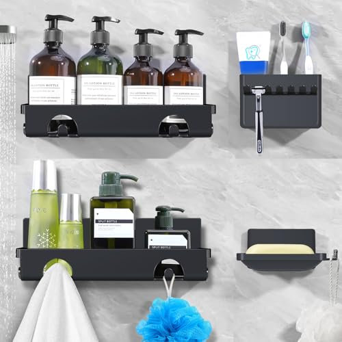 CHARYJOD Shower Caddy 4 Pack, Adhesive Bathroom Shower Shelf No Drill, Bathroom Shower Storage Rack with Hooks, Soap Razor Toothbrush Holder, Kitchen Organiser Shower Accessories Black