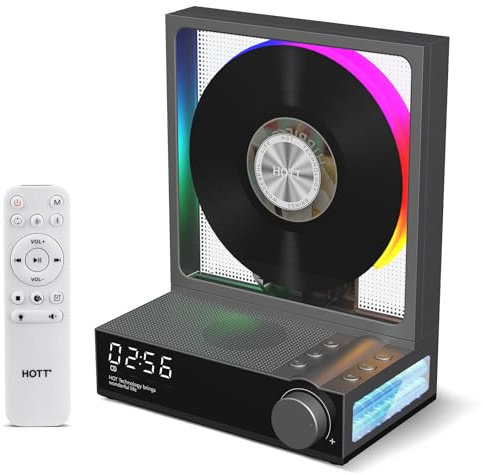 HOTT CD Player Tragbar mit Fernbedienung, Bluetooth 5.3 Desktop CD Player mit RGB-Lichtern, CD Spieler mit HiFi Lautsprechern, Unterstützt TF-Karte, Transkription, LED-Bildschirm, Timer(Grau)