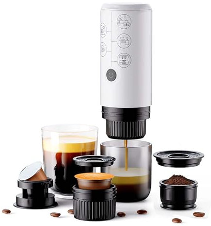 RECAFIMIL 3 in 1 Portable Espresso Machine Electric 12V One Click Extraction Coffee Maker NO Heating Function Compatible with NS and DG Capsules and Coffee Grounds for Office Home (White)