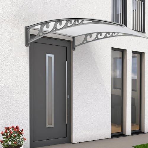 Auvent de Porte d'Entrée Design Marquise d'accueil Résistante aux Intempéries Polycarbonate Aluminium Plastique 3 mm d'Épaisseur, la Neige et Les Rayons UV-80 * 120cm-gris + Blanc