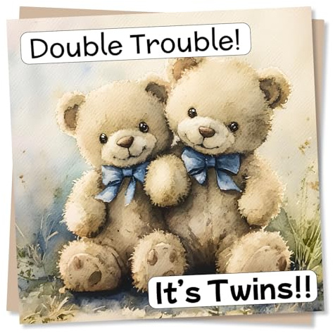 Congratulations Card For New Baby Twins - Double Trouble - Newborn - Funny and Playful - Teddy Bear Design - Birth, Baby Boy, Baby Girl - For New Parents, New Grandparents