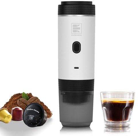 EVERANGE Macchina per caffè espresso elettrica portatile, macchina da caffè per auto da viaggio e campeggio, macchina da caffè a batteria compatibile con caffè macinato e capsule NS, bianca