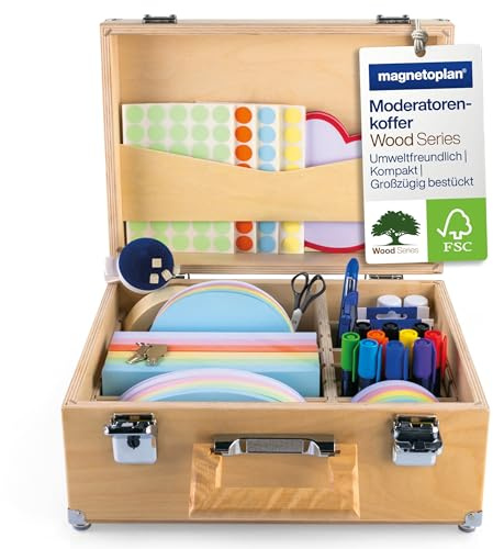 magnetoplan Moderatorväska Wood Series | B x HxD 360 x 270 x 170 mm | Tillverkad av FSC-certifierat björkträ | Med 2 400 enskilda delar som whiteboardpennor moderationskort för kontor presentation
