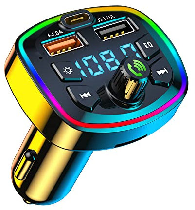 Bluetooth Adapter Auto Freisprecheinrichtung, Bluetooth FM Transmitter Auto, 2 USB + Typ C Ports, Zigarettenanzünder mit Dual Mikrofon, MP3 Schnelles Autoladegerät, Unterstützt SD-Karte USB-Sticks