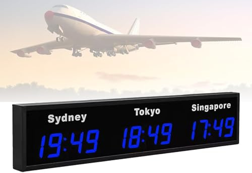 Reloj mundial LED digital, 3/4 ciudades Zona horaria Montado en la pared Zona horaria de la ciudad Reloj mundial para hotel, empresas multinacionales, aeropuertos internacionales (3city Blue)