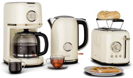 Klarstein Victoria Set per la Colazione Completo – Tostapane 2 Fette 7 Livelli, Bollitore Elettrico 1.7L, Macchina da Caffè con Filtro 12 Tazze, Design Retrò, Supporto Panini, Caraffa in Vetro, Cream
