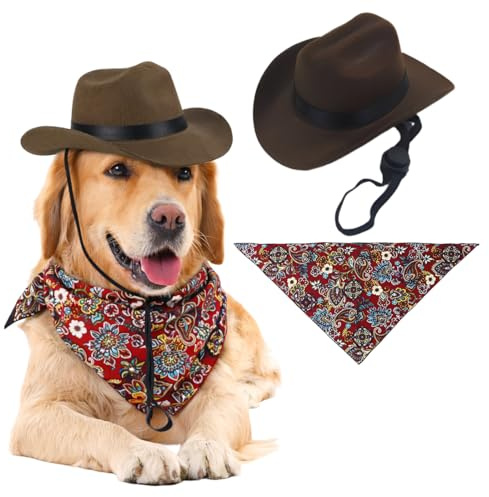 LEPGUYO Husdjurstillbehörsset, västerländsk cowboy-hatt och retro hundhalsdukar – för små/medel/stora hundar och katter, karnevalsdekoration
