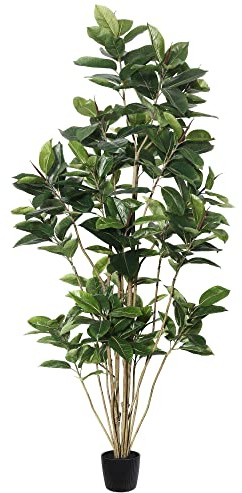 Vickerman 7' Potted Artificial Green Rubber Tree - Large Faux Indoor Plant with 148 Realistic Leaves - Sleek Black Planter Pot Base - Elegant and Sophisticated Decor Addition
