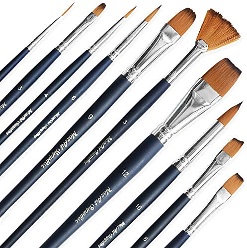 MozArt Supplies Aquarellpinsel & Acrylpinsel Set mit 10 verschiedenen Synthetik Pinseln – Künstlerbedarf Malpinsel Set für Acrylfarbe, Aquarellfarbe & Gouache Farbe in Premium Qualität