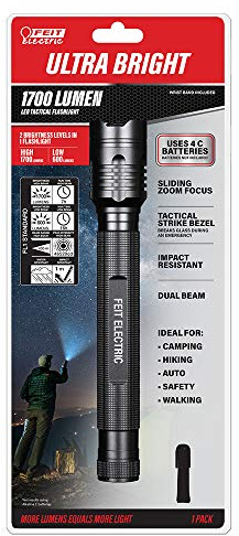 Feit Electric LED Tactical Flashlight - Aluminum Alloy - Zoomable Strike Bezel; Illuminate up to 1,000 feet - Adjustable Brightness 600 to 1700 Lumen | Requires 4-C Batteries