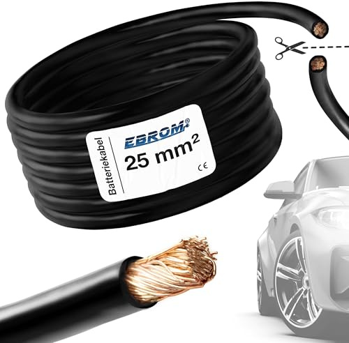 EBROM FLY Fahrzeugleitung SCHWARZ KFZ Leitung Batteriekabel – Querschnitt 25 mm² - Meterware – flexibel 90 ± 5 Shore, 100% Kupfer, Mantel Spezial PVC FLY FLRy - Starterkabel, Fahrzeugkabel in 25mm2
