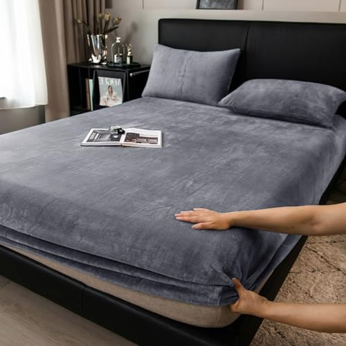 Boqingzhu Flauschige Plüsch Spannbettlaken 180x200cm Grau Fleece Flanell Cashmere Touch Spannbetttuch Winter Kuschelig Bettlaken für 25 bis 30cm Matraze