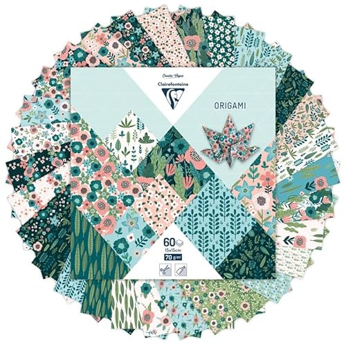 Clairefontaine 95372C - 60 Feuilles de Papier Origami 70g/m², Format 15x15cm, 30 Motifs Colorés Assortis (2 Feuilles par Motif), Loisirs Créatifs Adultes et Enfants, Collection Herbier