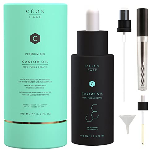 CÉON Rizinusöl für Wimpern, Haare und Augenbrauen - Rizinusöl Kaltgepresst Bio 100ml - Organic Castor Oil for Hair Growth Serum - Haarwachstum beschleunigen Serum - inkl. Mascara + Pipette + Pumpe