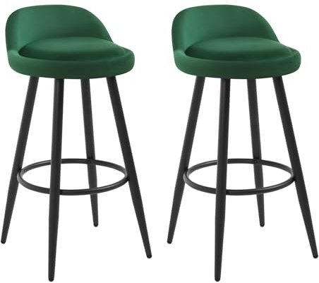 WOLTU Taburetes de Bar Juego de 2, Taburetes de Cocina con Reposapiés, Asiento de Terciopelo, Estructura de Metal, Verde Oscuro