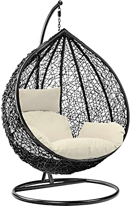 wowsubli Rattan Swing Egg Chair with Stand Outdoor Indoor Garden Patio Hanging Egg Chair with Cushion (Black Egg Chair & White Cushion)