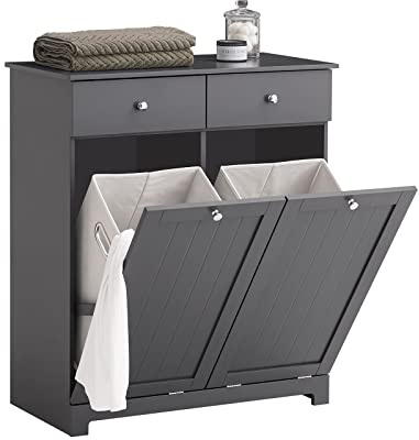 SoBuy Badezimmerschrank mit Wäschekorb - Badschrank mit 2 Wäschesäcken, 2 Schubladen - Stabiler Wäscheschrank für Bad, Waschküche, Wohnung - Badmöbel aus MDF, Dunkelgrau, 78x90x38cm, BZR33-II-DG