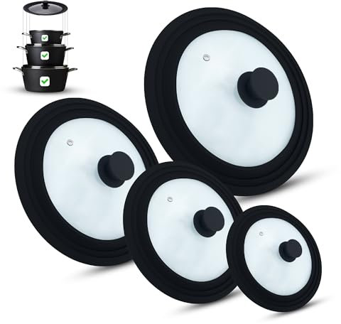 M.S.N 4er Set Universal Glasdeckel, 4-teilig, Töpfe und Pfannen 16/18/20 cm & 20/22/24 cm & 24/26/28 cm & 28/30/32 cm, mit Auslassventil und Silikonrand. (schwarz)