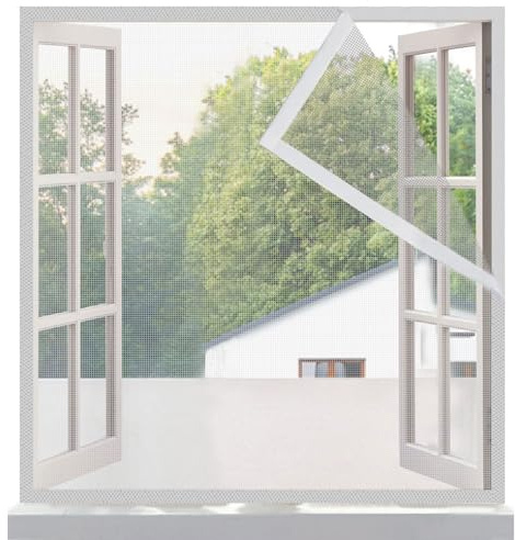 Risareyi Moustiquaire Fenetre 100x120cm, en Fibre de Verre Blanc Filet Très Dense, Moustiquaire Fenêtre Sans perçage, Avec Bande Adhésive-2cm de Largeur, Anti Mouches Filet Rideaux