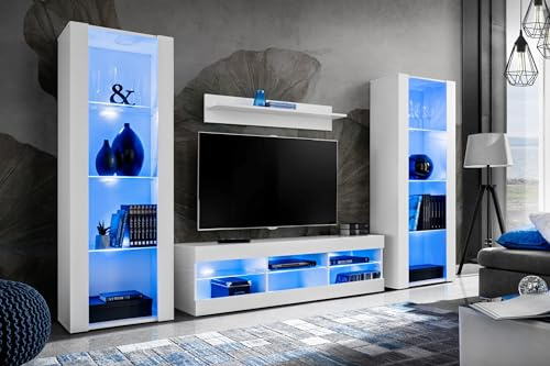 Komodee, Juego de Muebles Tivoli Grande, Blanco Blanco, Ancho 290 cm x Alto 159 cm x Fondo 35 cm, LED Azul, para Sala, Dormitorio