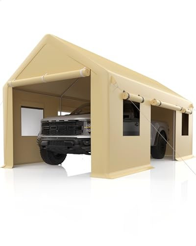 DEXSO Cochera portátil de 13 x 20 pies, postes de acero reforzado, toldo de garaje resistente, 4 puertas enrollables y 4 ventanas de malla, para camioneta, barco y equipo, color amarillo