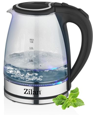 Edelstahl Wasserkocher Glas | 1800W | 1,8 Liter | Kalkfilter | BPA Frei | Blaue LED-Beleuchtung | 360 Grad | Kettle | Teekocher | Wasserkessel | Wasseraufbereiter | Water Cooker | Tea Kettle