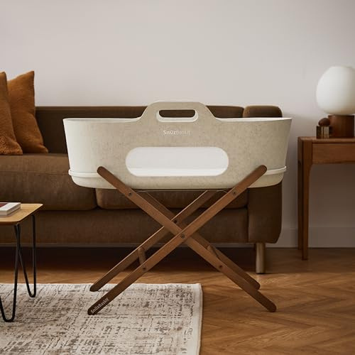 SnuzBaskit Moses Basket with Mattress & Folding Stand Bundle, Breathable Mesh Windows, Travel Crib, Suitable for Newborn to 6 Months, Stylish & Versatile for Home or Travel, Barley & Walnut