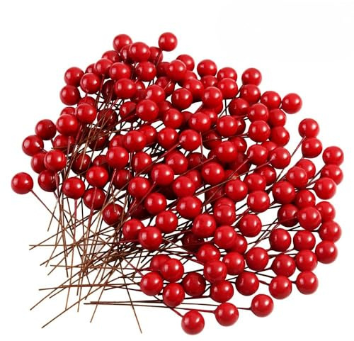 FS-PINGXIANG 200PCS Artificial Red Cherry Holly Berries Christmas Decorations, Festive Xmas Tree Ornaments, Hanging Berry Sprays for Wreath Garland DIY Craft, Holiday Home Party Decor