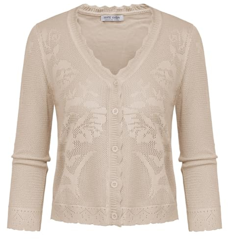 Kate Kasin Suéter tipo cárdigan corto para mujer, estilo bolero, ligero, manga 3/4, con botones, con textura de ganchillo, beige, XL