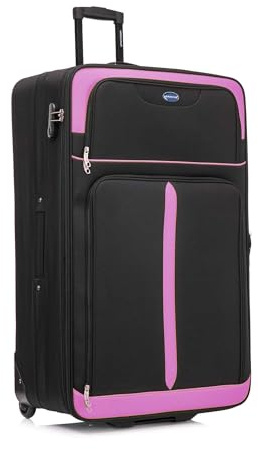 Aerostar Extra Large 32” Lightweight Softshell Expandable Suitcase, Check in Luggage 2 Corner Wheels with Integrated Combination Lock (Black/Pink, 129 litres)