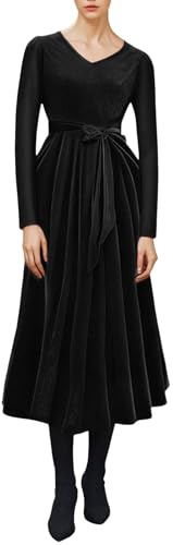IWEMEK Abito in velluto da donna, lungo, stile Audrey Hepburn, con scollo a V, maniche lunghe, abito da sera, sexy, elegante, abito da cocktail, lunghezza al ginocchio, abito da ballo, abiti invernali