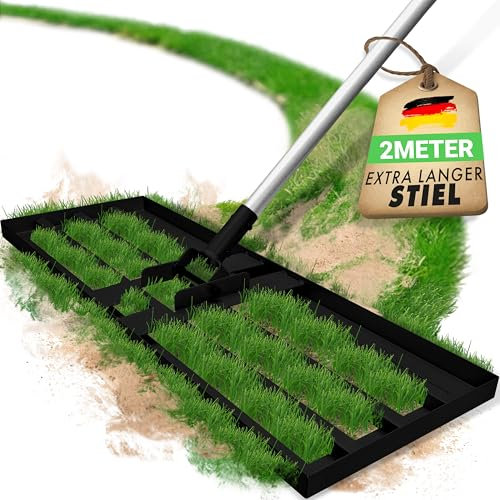 WENDOWERK® [80x30cm] Rasennevilierrechen Schwarz mit extra langem Stiel [2 Meter] Inkl. Gartenhandschuhe - Handlicher Rasen Nivellierrechen mit abgerundeten Kanten & Stecksystem - Rakel für Rasen