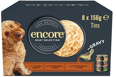 Encore 100% Natural Adult Wet Dog Food Tins, Grain Free Meat Selection Multipack in Gravy 8 x 156g Can
