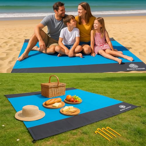 Beach Master Large Beach Mat - 210cm x 200cm Waterproof & Sandproof Picnic Blanket with Ground Stakes for Beach, Picnic, Camping or in the Park
