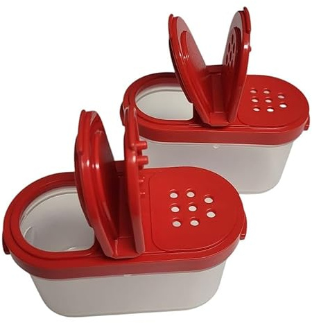 Tupperware Krydd-Zwerge Salt- och pepparströare Würzling perfekt för bil, kontor, camping och på resor - ordning i skåpet Saltströare Kryddor Krydd-Zwerge 2x 120ml set röd transparent