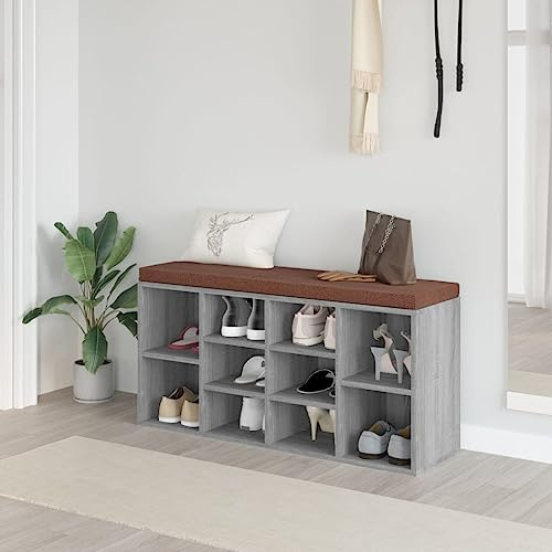 Plumbpyr Panca per scarpe Sonoma grigio in legno 103 x 30 x 48 cm con 10 scomparti e seduta imbottita, resistente panchina per corridoio, spogliatoio e ingresso